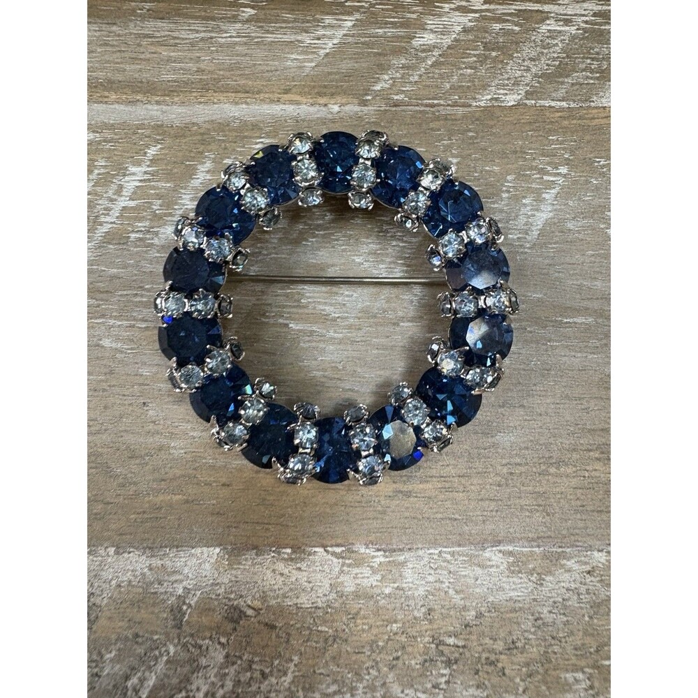 Vintage Joe Warner Blue Rhinestone Wreath Circle Brooch Unmarked